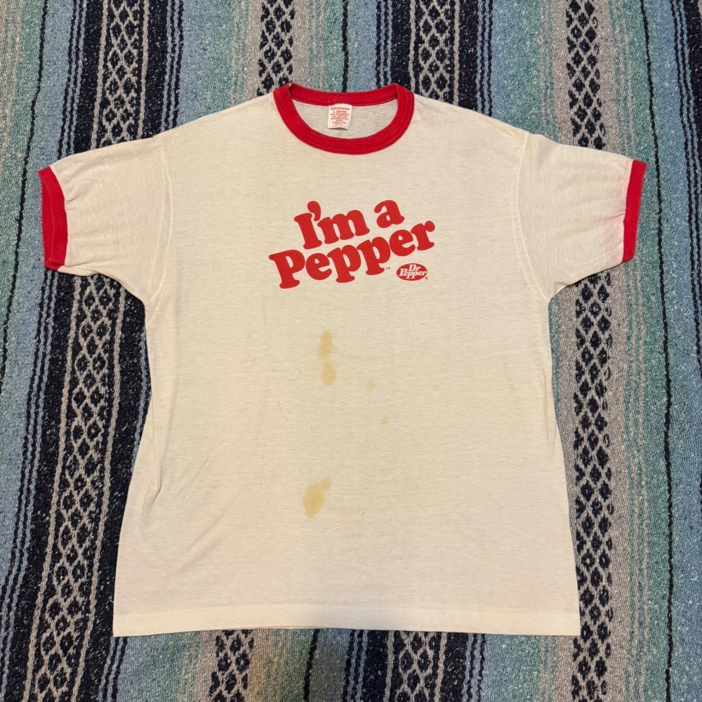 Vintage 80s Dr Pepper Im a Pepper Ringer T-Shirt Sportswear White Red Large